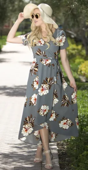 Maxi High Low Floral Print Wrap Dress