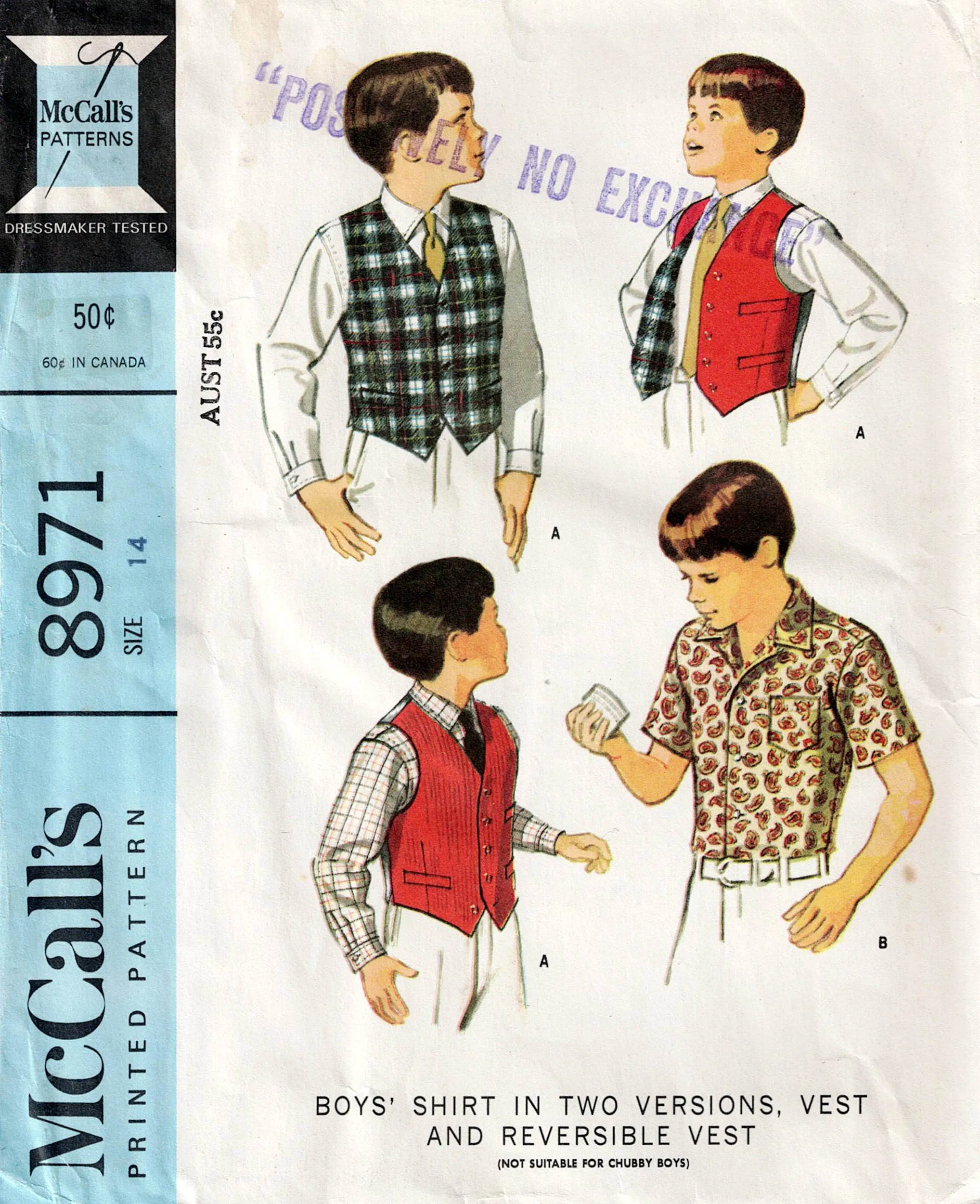 McCall's 8971 Teen Boys Shirt Vest & Reversible Vest 1960s Vintage Sewing Pattern Size 14