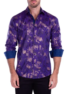 Metallic Flourish Accent On Microprint Long Sleeve Dress Shirt Purple