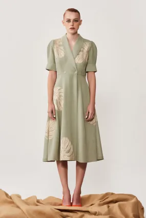 Monstera Wrap Dress With Puff Sleeves