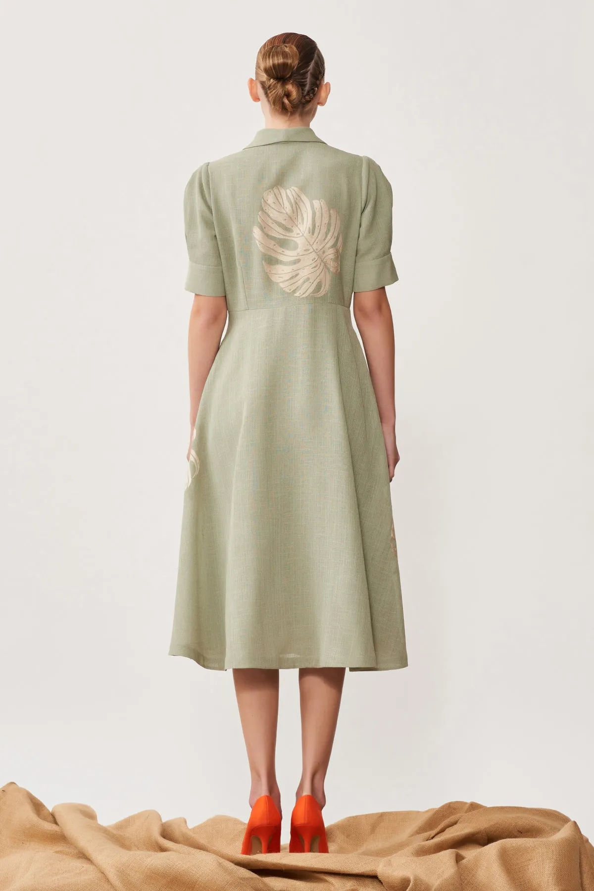 Monstera Wrap Dress With Puff Sleeves