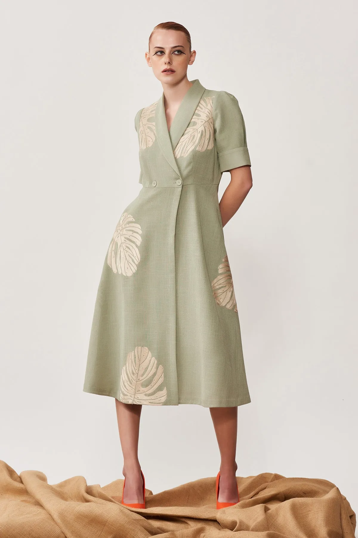 Monstera Wrap Dress With Puff Sleeves