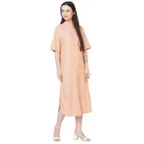 Mustard Mandarin Collar Half Sleeves Stripped Dress For Women