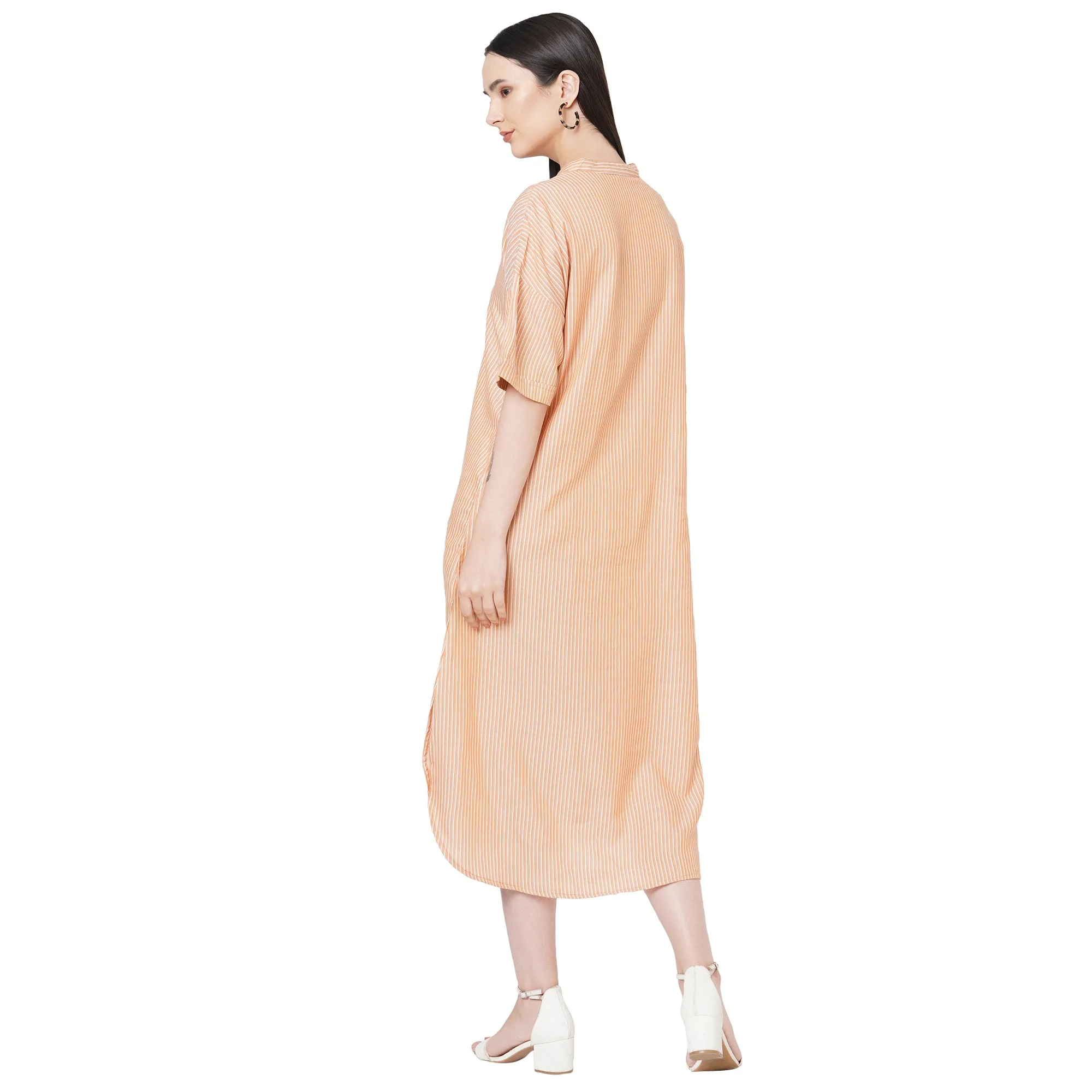 Mustard Mandarin Collar Half Sleeves Stripped Dress For Women