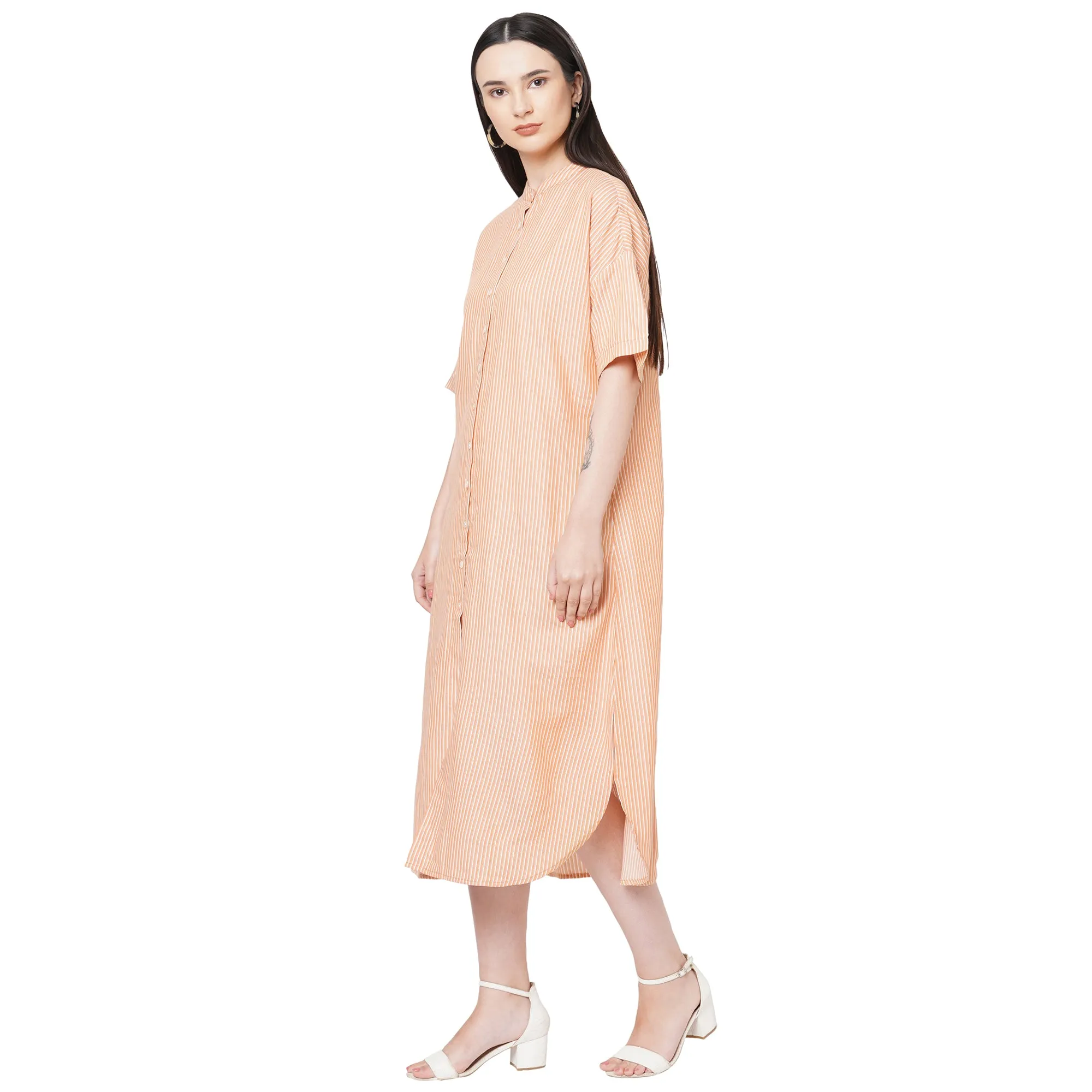 Mustard Mandarin Collar Half Sleeves Stripped Dress For Women