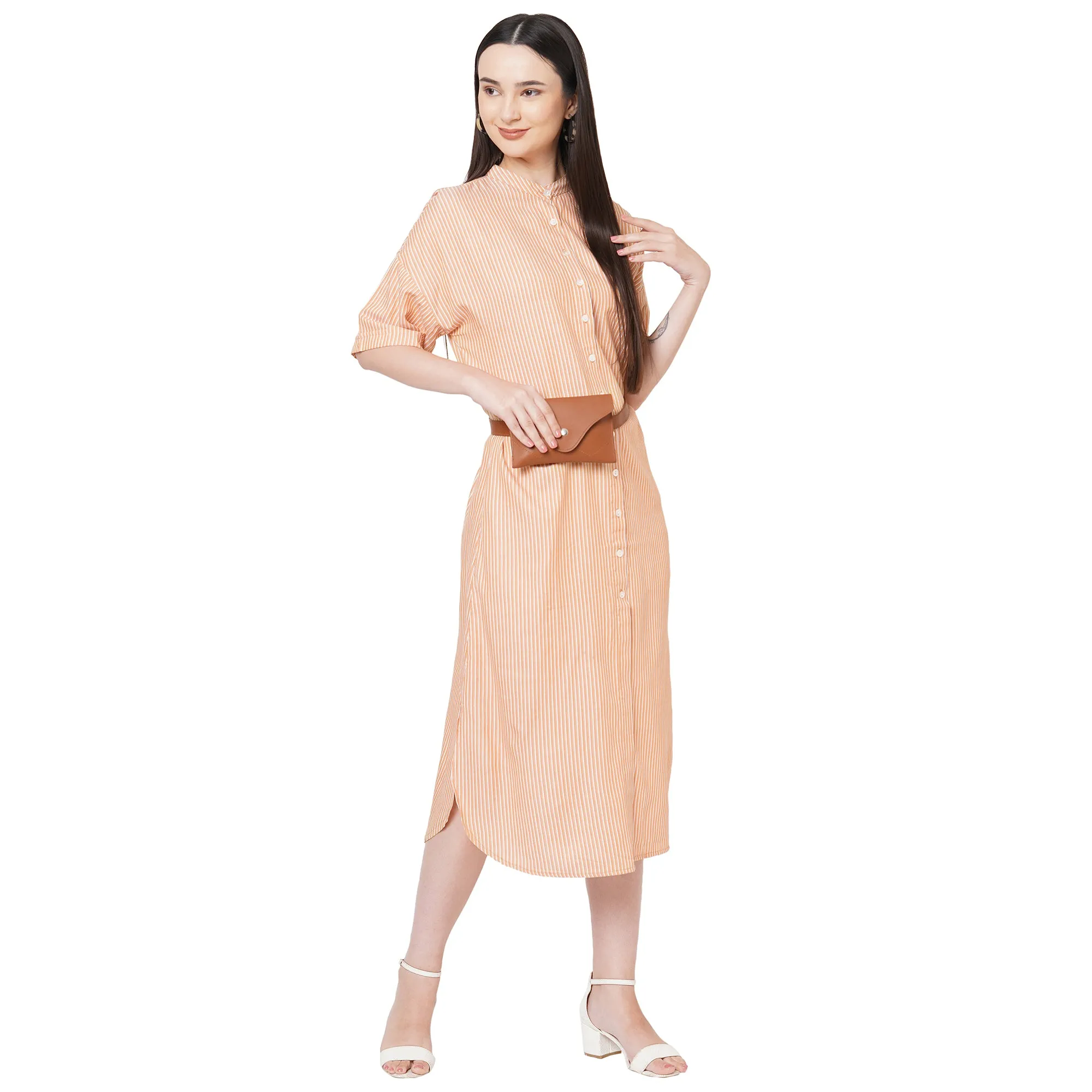 Mustard Mandarin Collar Half Sleeves Stripped Dress For Women