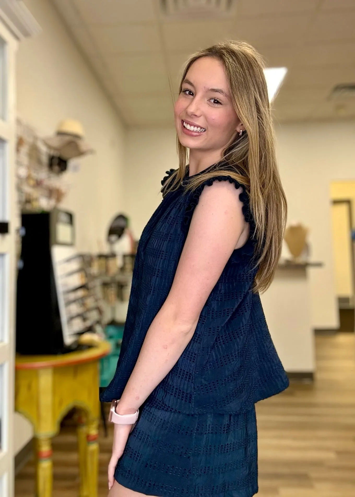 Navy Textured Ruffle Sleeve Top