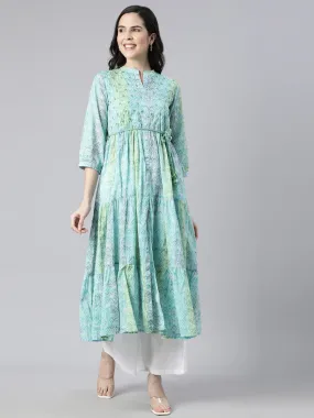 Neerus Sea Green Straight Casual Floral Maxi Dresses