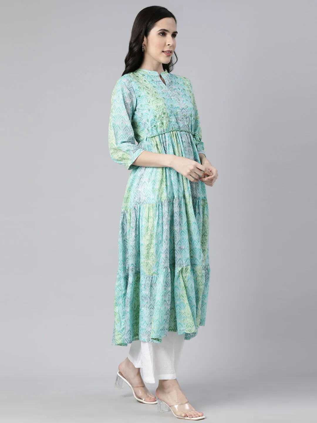 Neerus Sea Green Straight Casual Floral Maxi Dresses