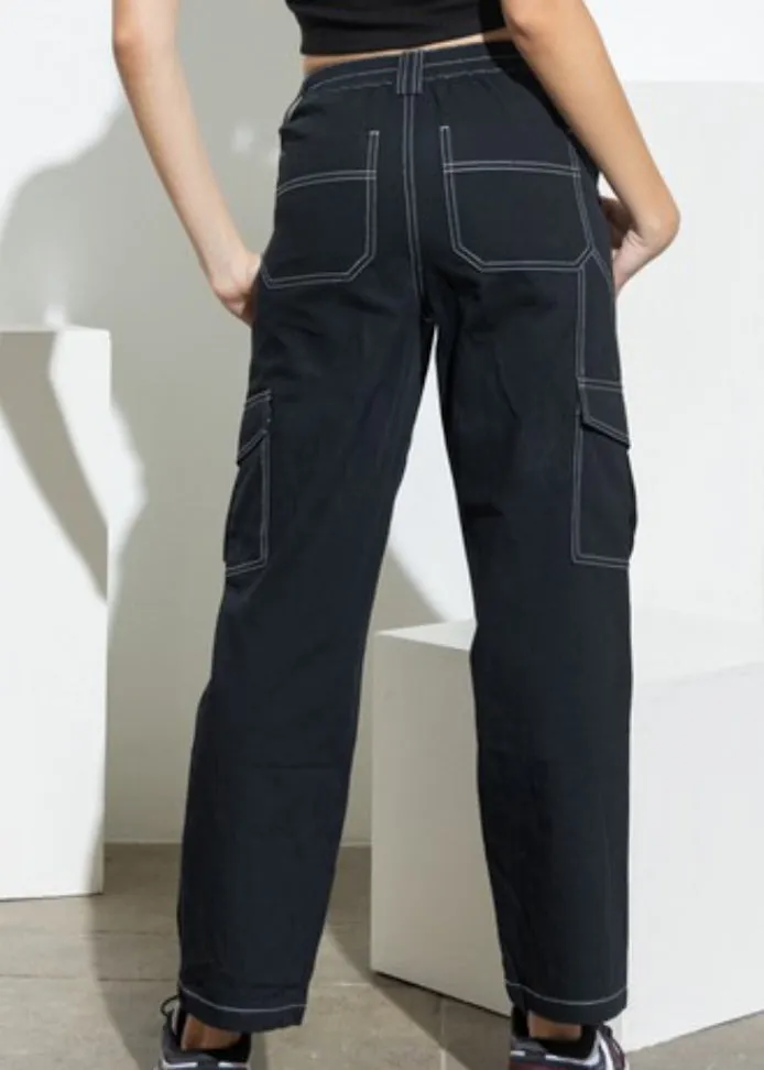 Noire, Women’s Black, Straight Leg, Contrast Stitch, Cargo Pants