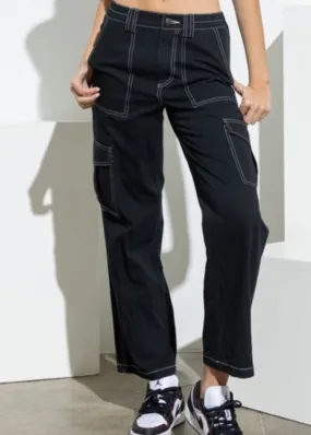 Noire, Women’s Black, Straight Leg, Contrast Stitch, Cargo Pants