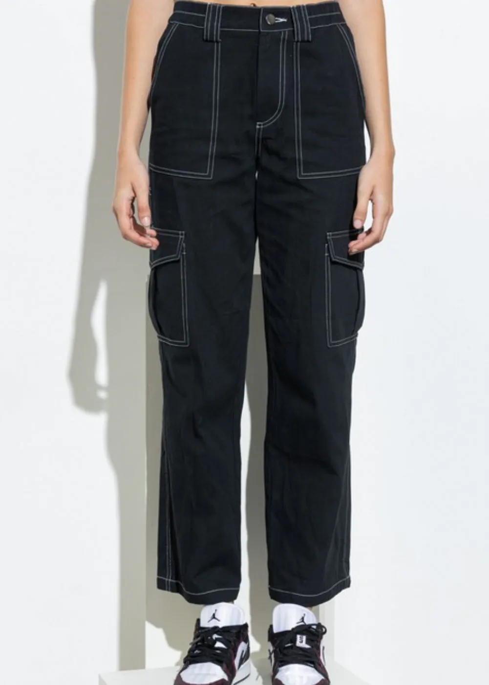 Noire, Women’s Black, Straight Leg, Contrast Stitch, Cargo Pants