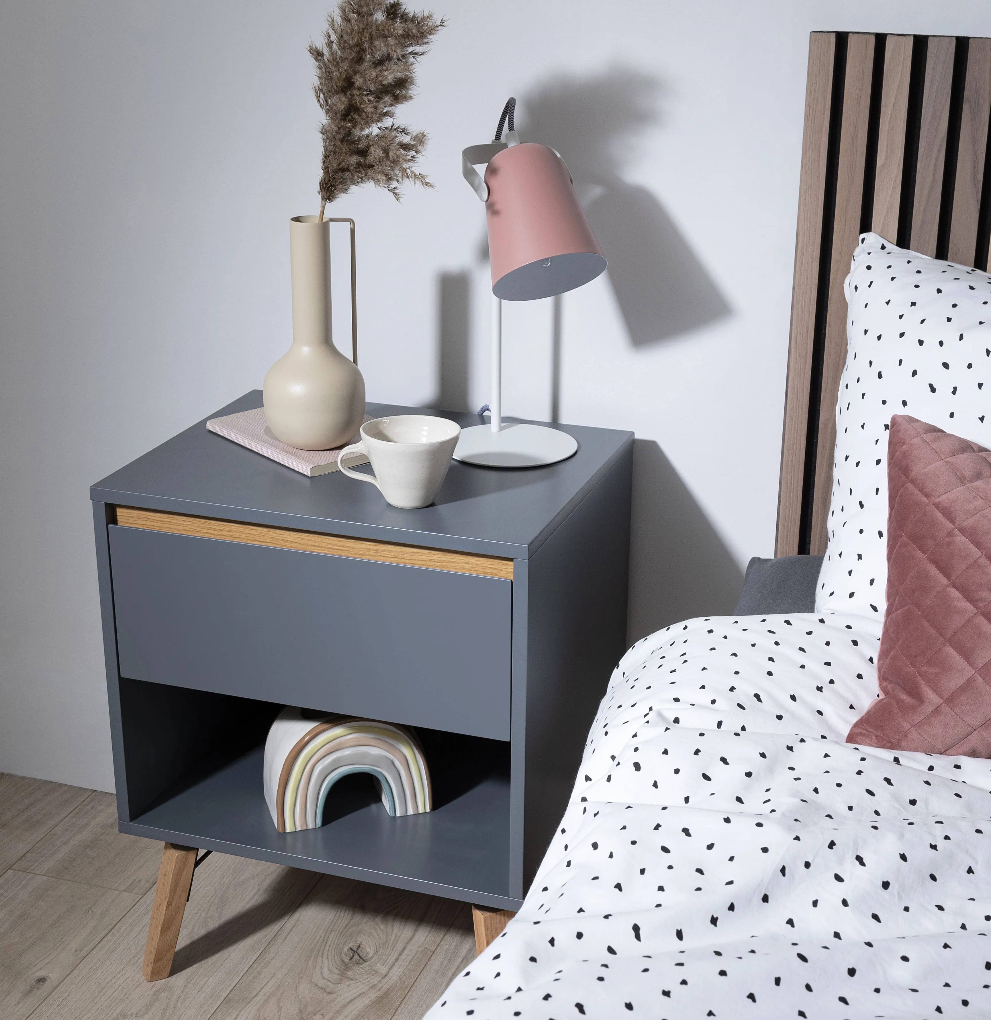 Otto Bedside Table with 1 Drawer in Grey