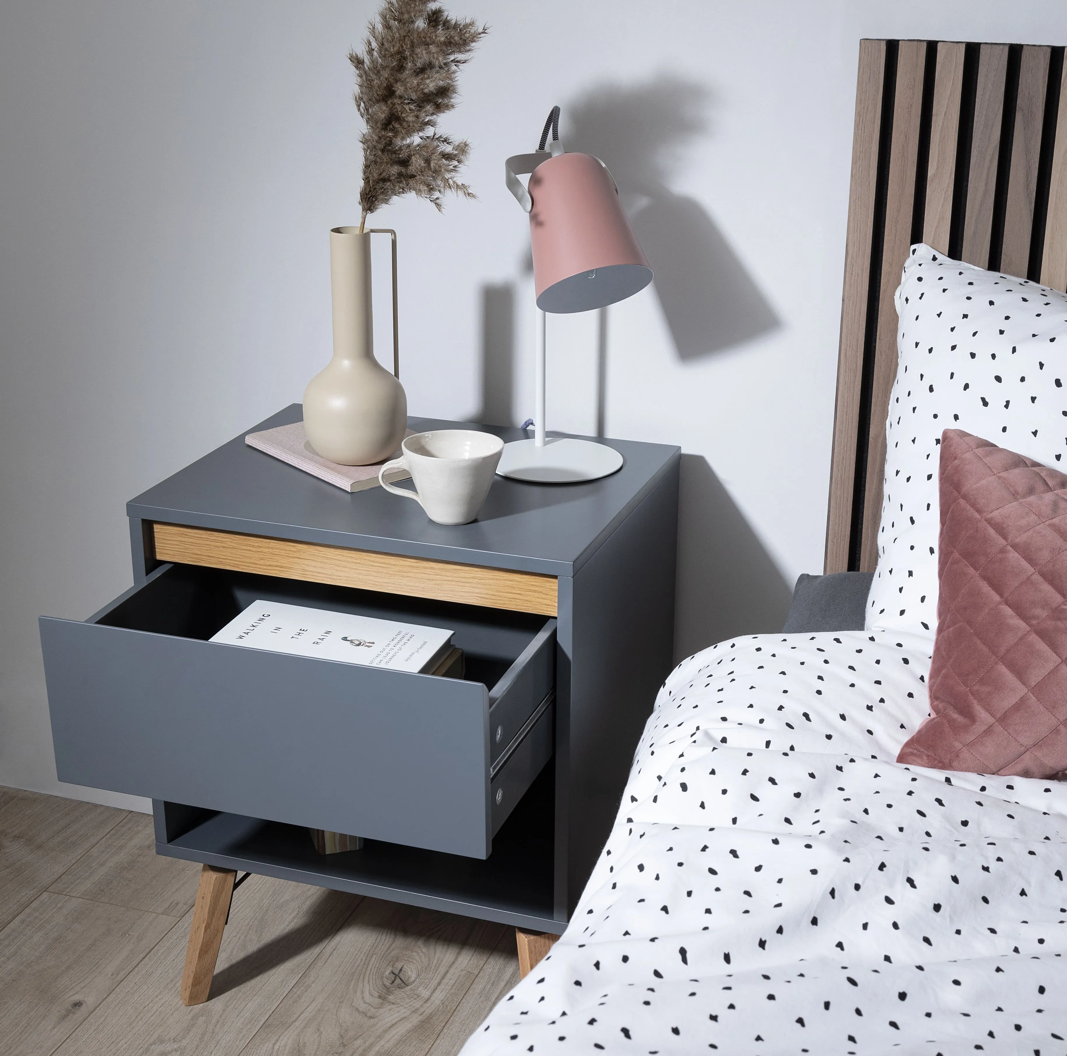 Otto Bedside Table with 1 Drawer in Grey