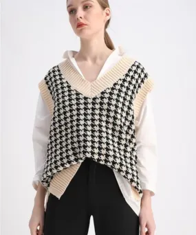 Oversized Hounds-tooth Knitted Sleeveless Sweater