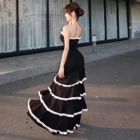 Patchwork Strapless Ruffles Charming Black Maxi Dress