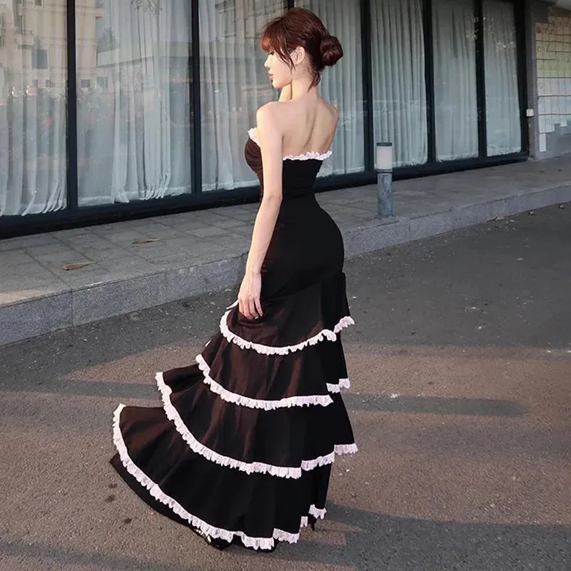 Patchwork Strapless Ruffles Charming Black Maxi Dress