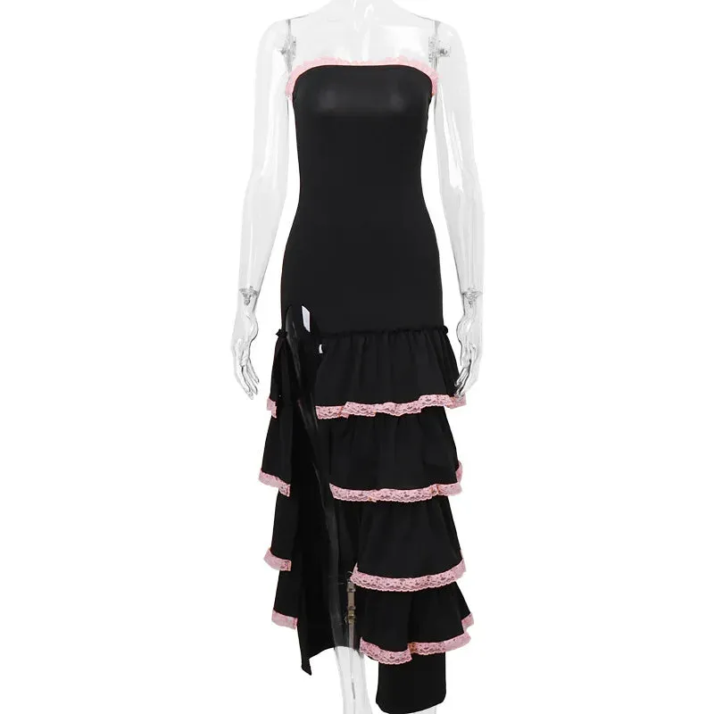 Patchwork Strapless Ruffles Charming Black Maxi Dress