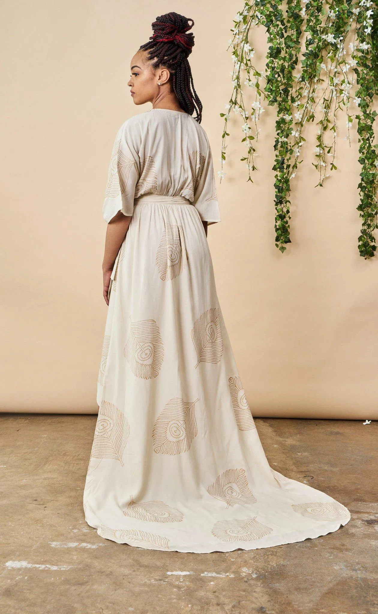 Peacock Feather Maxi Wrap Dress W/ Train in Cream   Gold