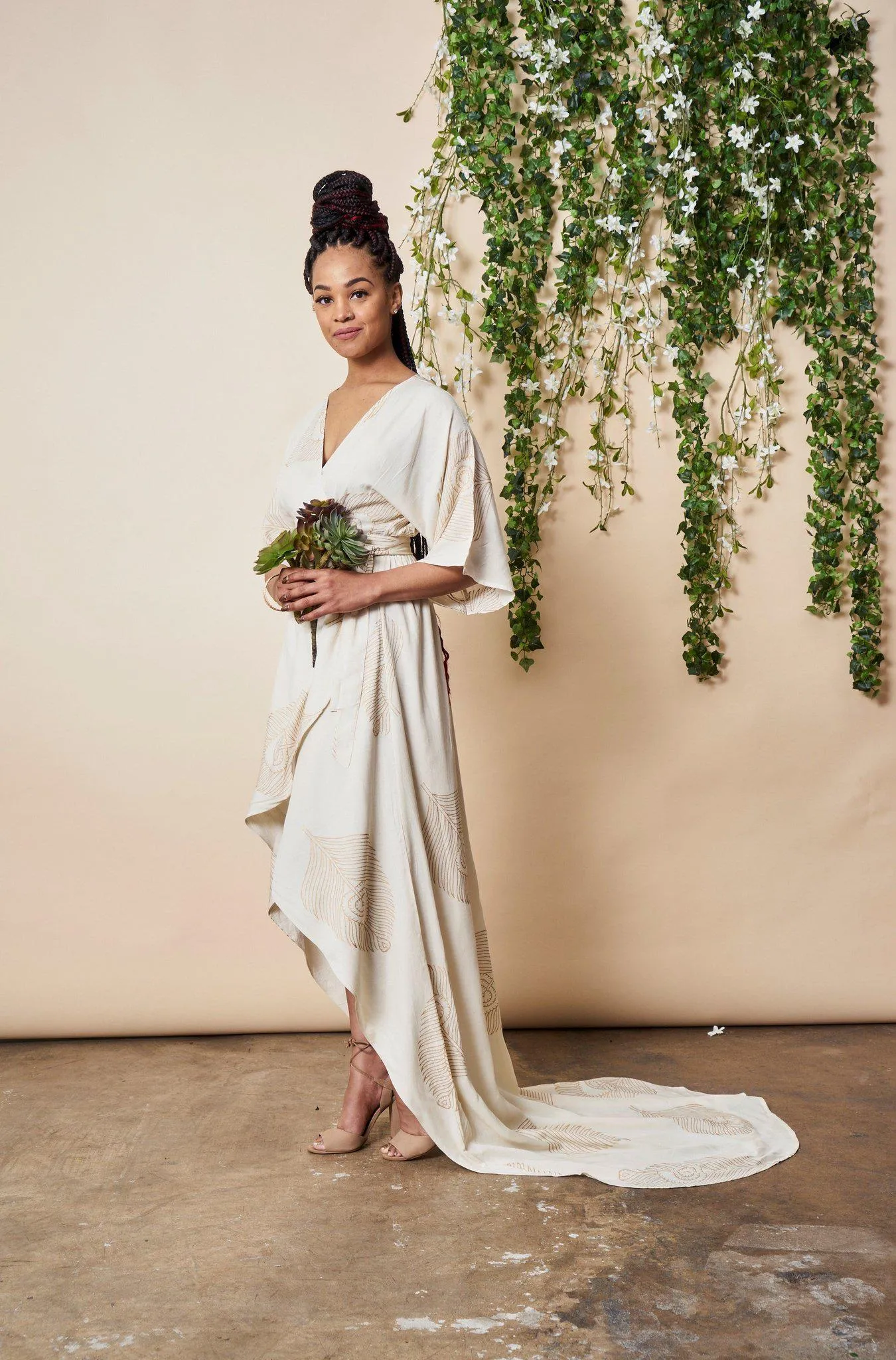 Peacock Feather Maxi Wrap Dress W/ Train in Cream   Gold