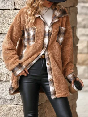 Plaid Button Up Long Sleeve Fuzzy Shacket