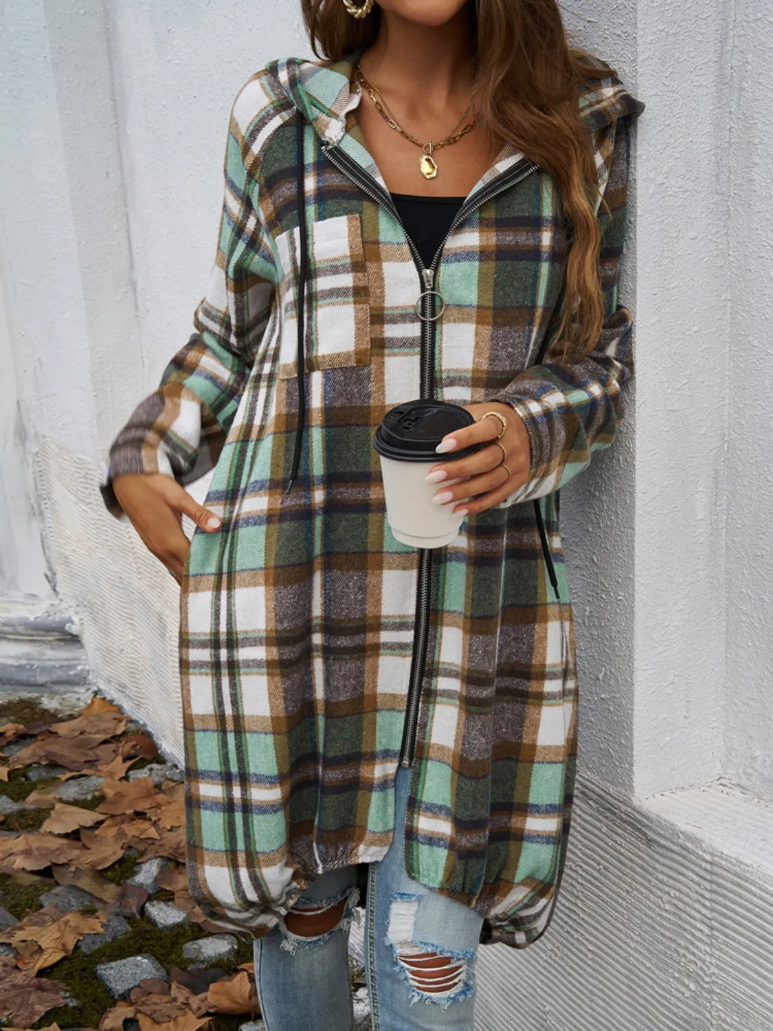 Plaid Zip Up Hooded Coat