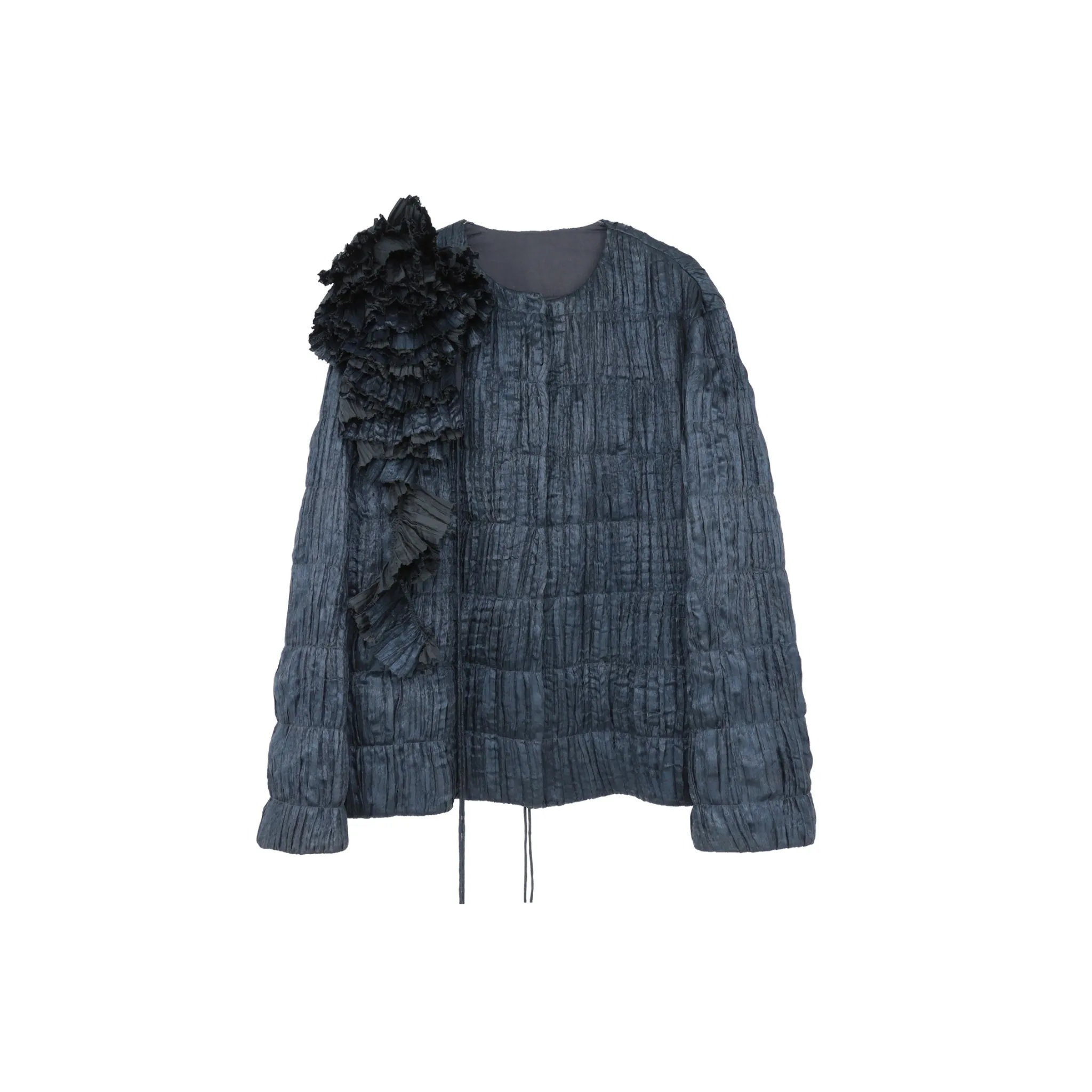 Pleated Quilted Cotton Jacket with Shoulder Flowers in Dark Blue