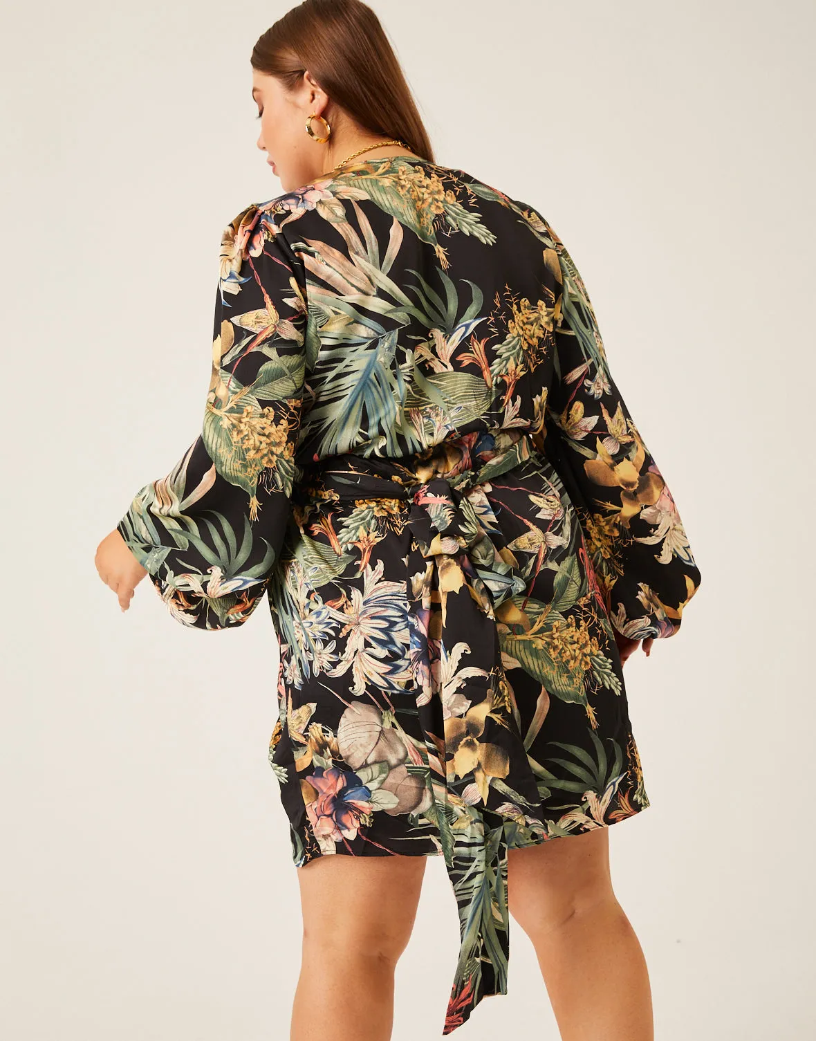 Plus Size Satin Floral Wrap Dress