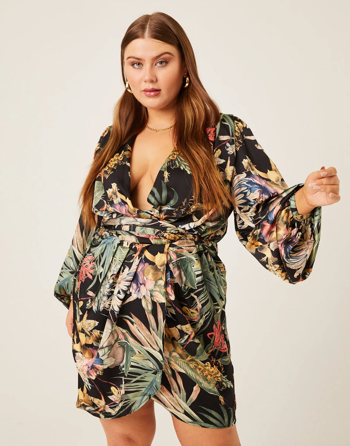 Plus Size Satin Floral Wrap Dress