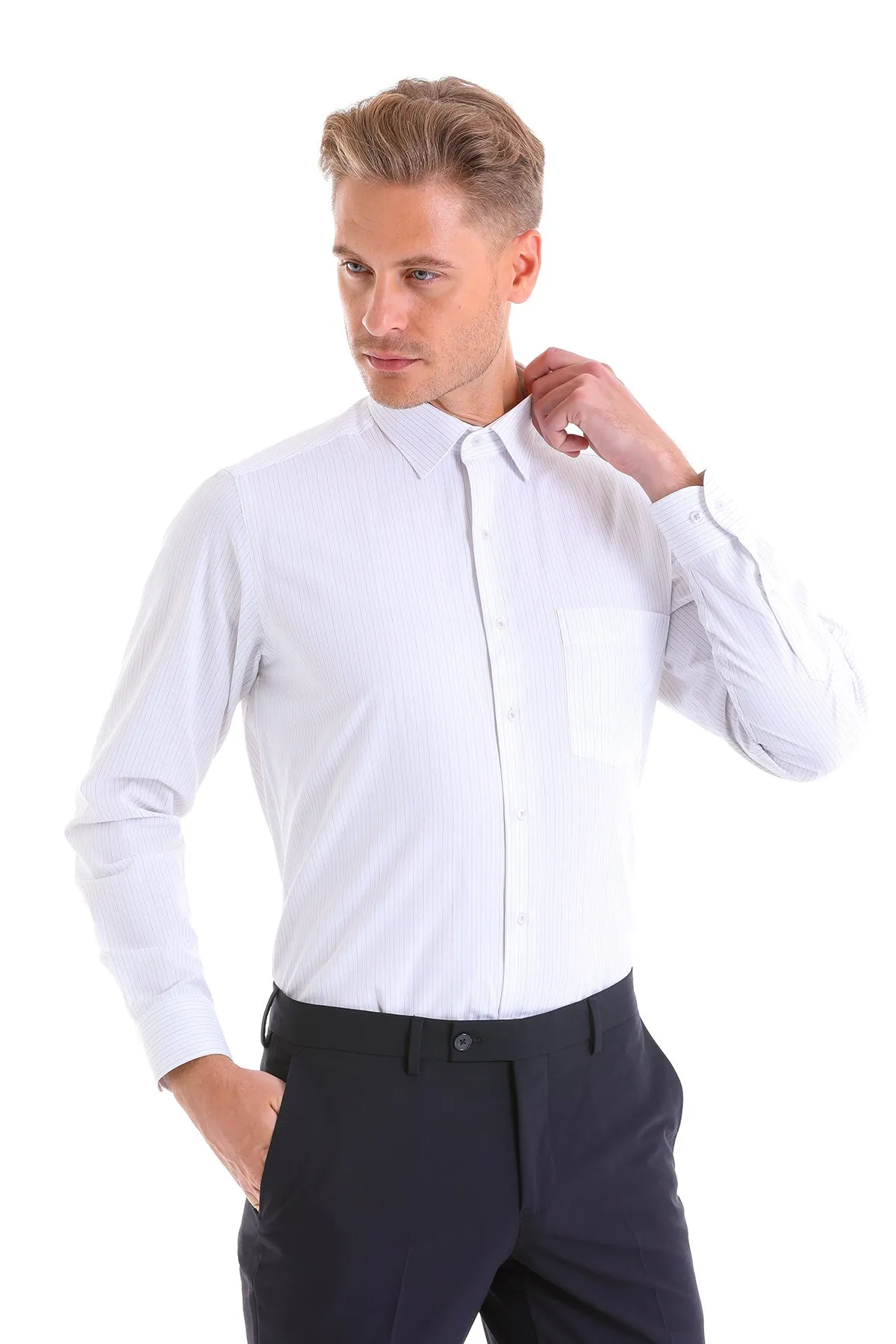 Regular Fit Pinstripe Cotton Blend Black Dress Shirt