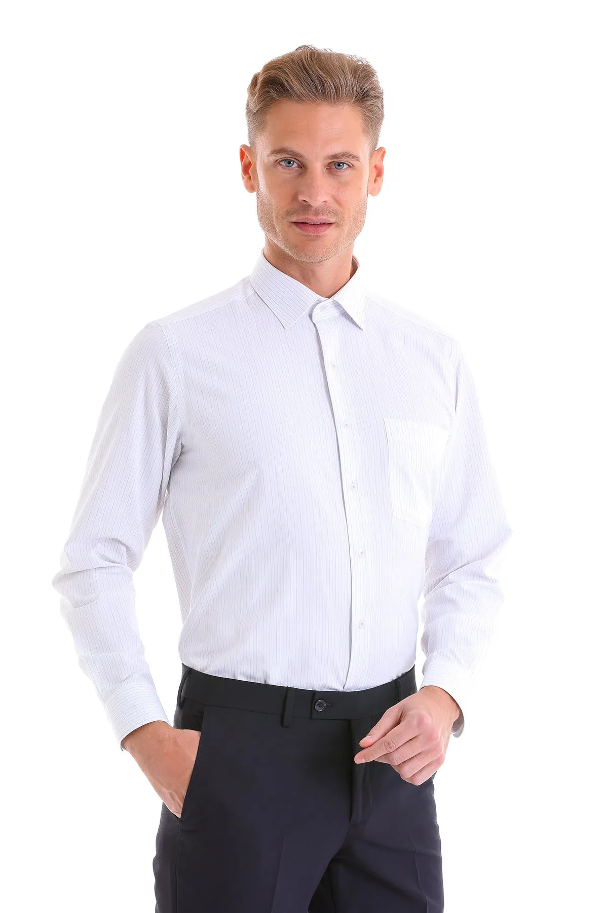 Regular Fit Pinstripe Cotton Blend Black Dress Shirt