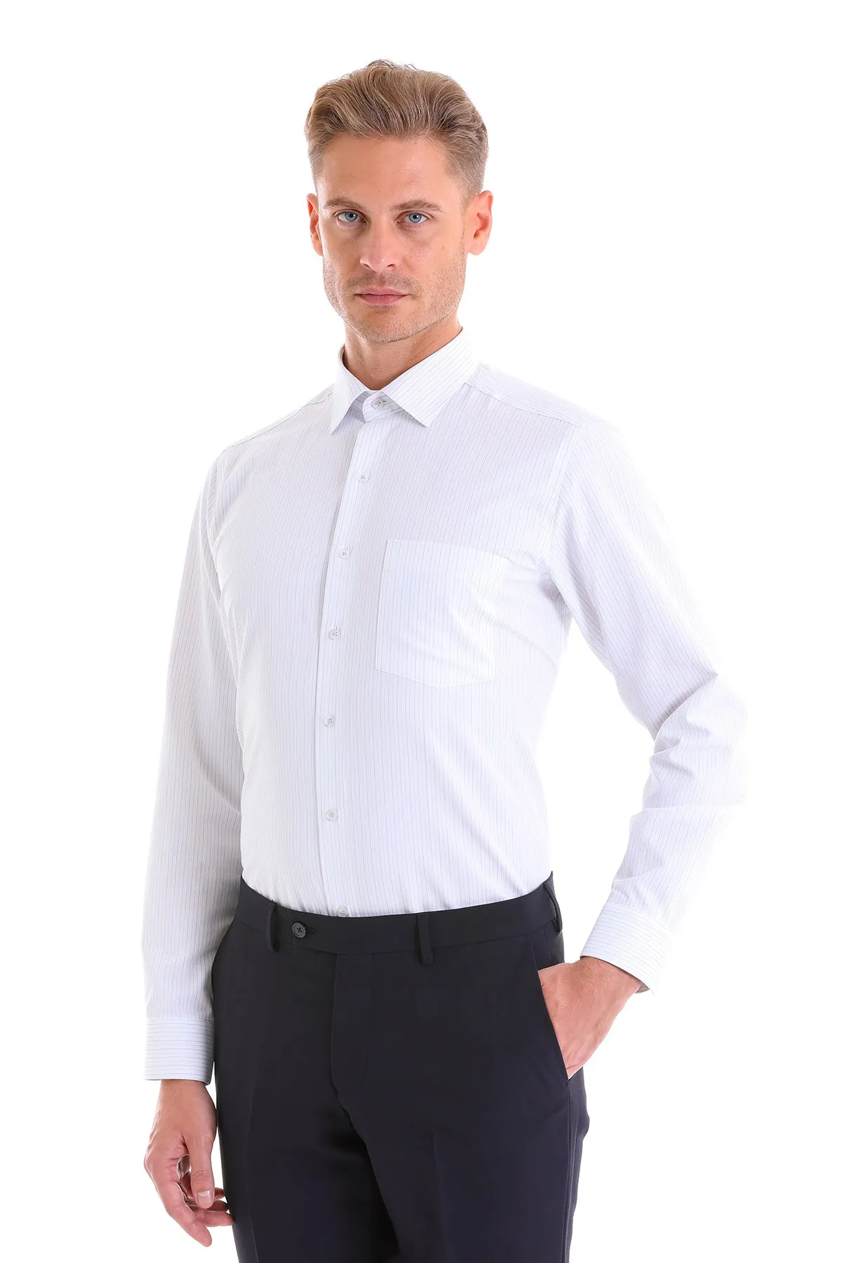 Regular Fit Pinstripe Cotton Blend Black Dress Shirt