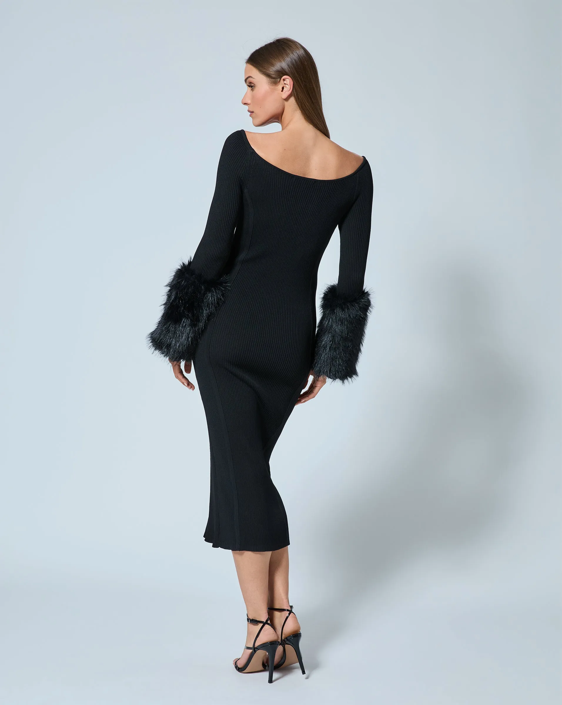 Ribbed Faux Fur Cuff Knit Dress