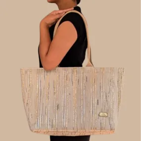 Shimmery Golden White Striped  Upcycled Handwoven Office Tote (OT1224-007) PS_W