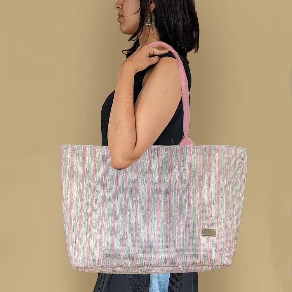 Shimmery Silver and Pink Striped Upcycled Handwoven Office Tote (OT0824-005) PS_W