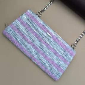 Shimmery Silver Pink Striped Upcycled Handcrafted Trapeze Clutch (TC1024-009) PS_W