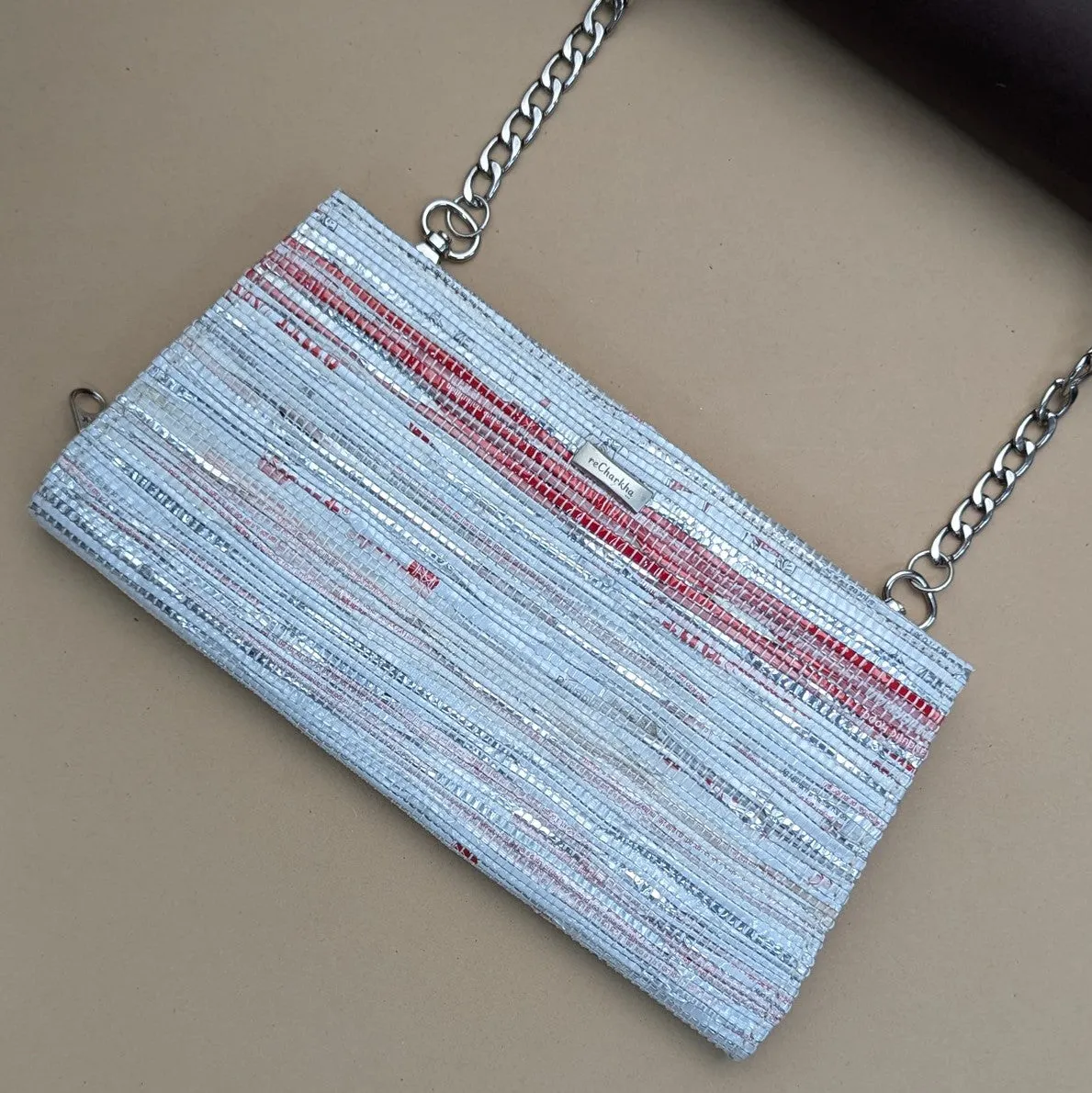 Shimmery Silver Red Upcycled Handcrafted Trapeze Clutch (TC1024-011) PS_W