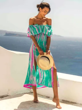 Silk Off-Shoulder Maxi Dress - Aqua Flamingo