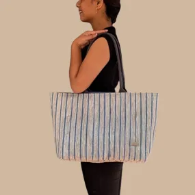 Silver Shimmery Blue Striped  Upcycled Handwoven Office Tote (OT1224-003) PS_W