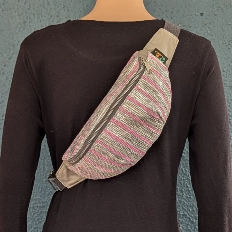 Silver Shimmery Pink Striped Upcycled Handwoven Fanny Pack (FP1224-013) PS_W