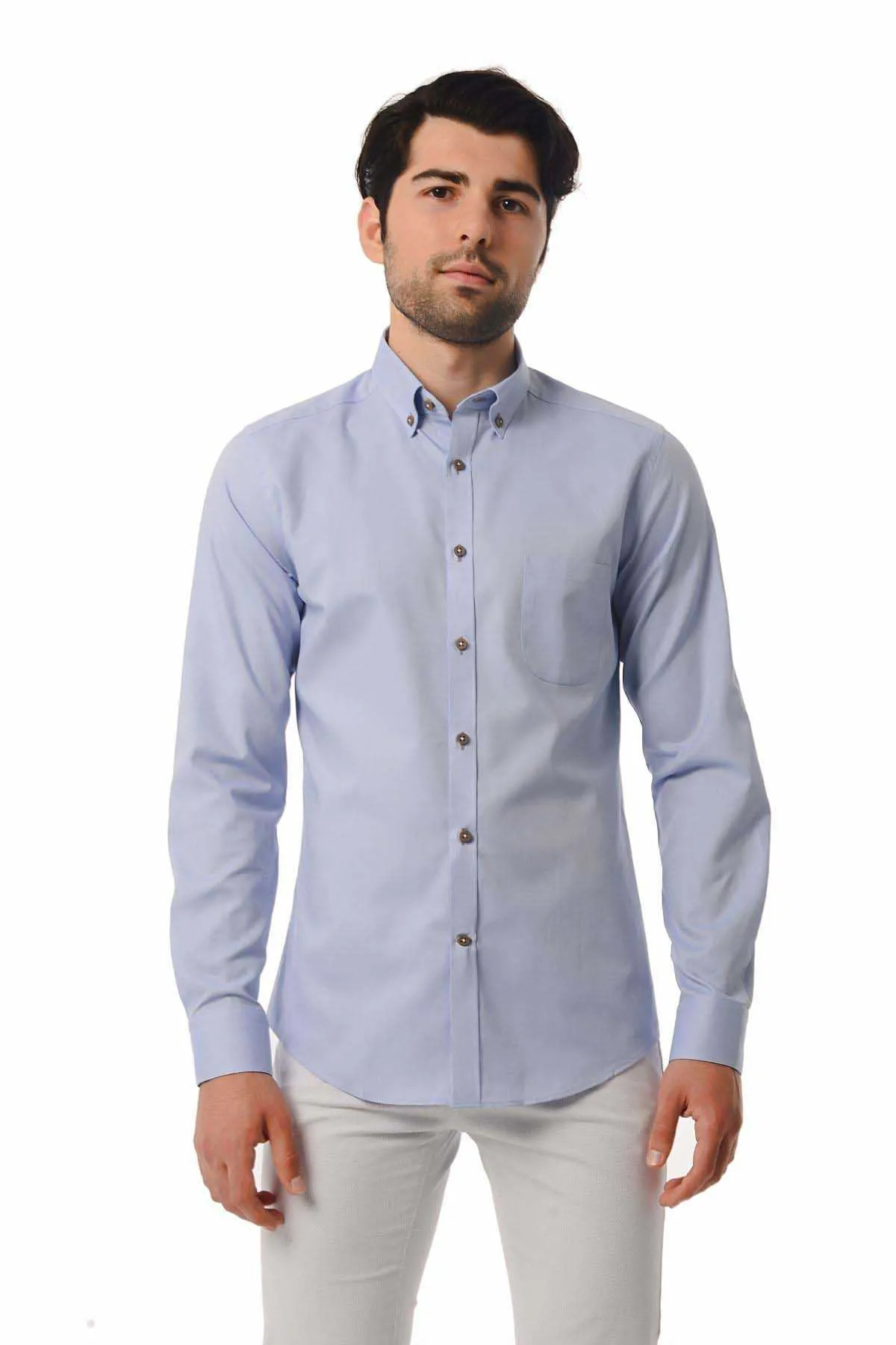 Slim Fit Long Sleeve 100% Cotton Light Blue Casual Shirt