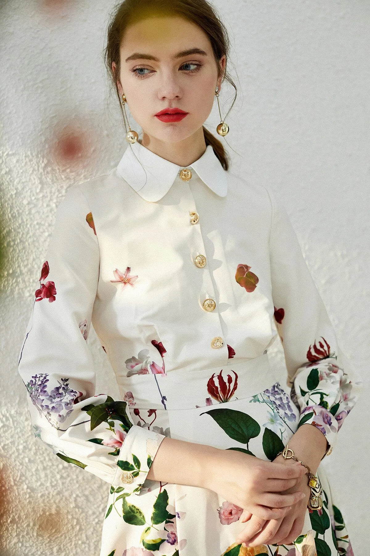 Spring lapel floral printed retro vintage dress - French