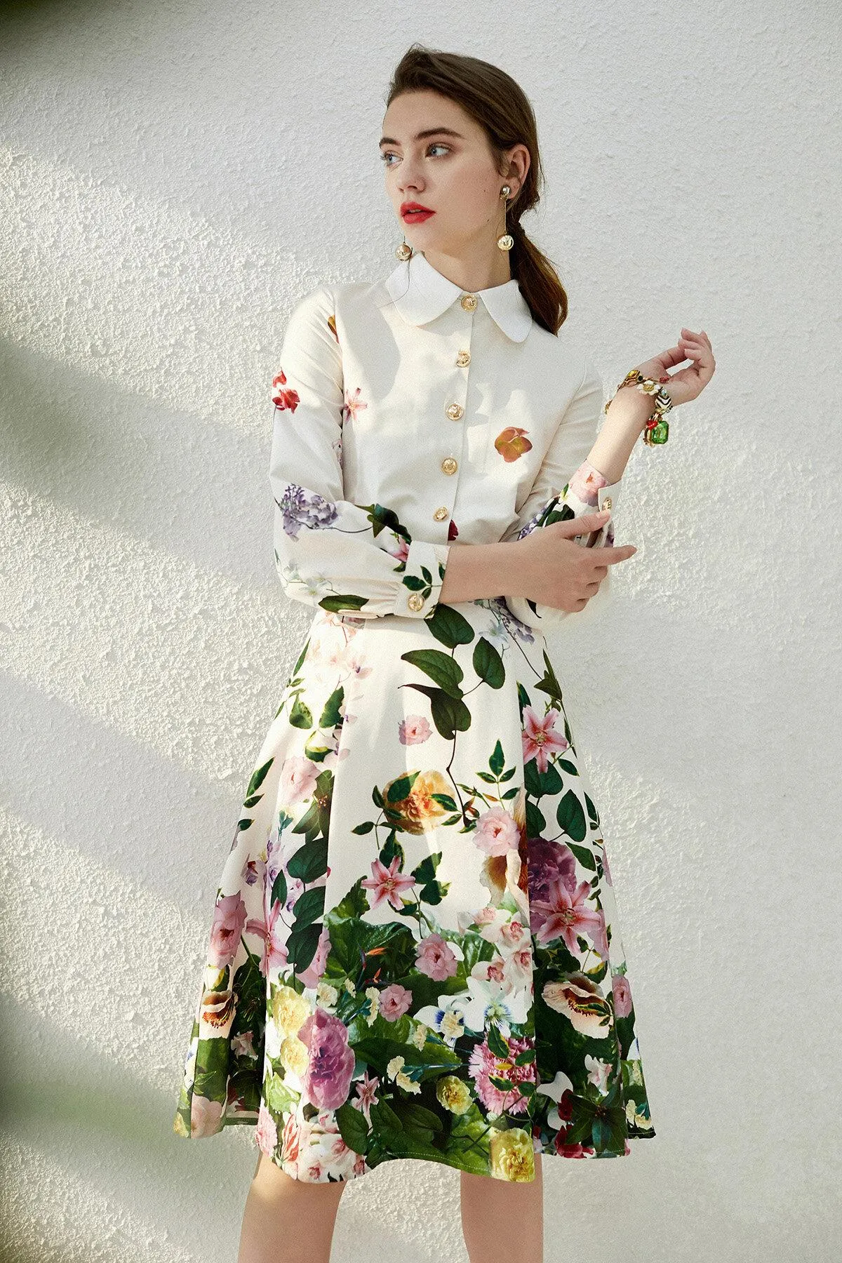 Spring lapel floral printed retro vintage dress - French