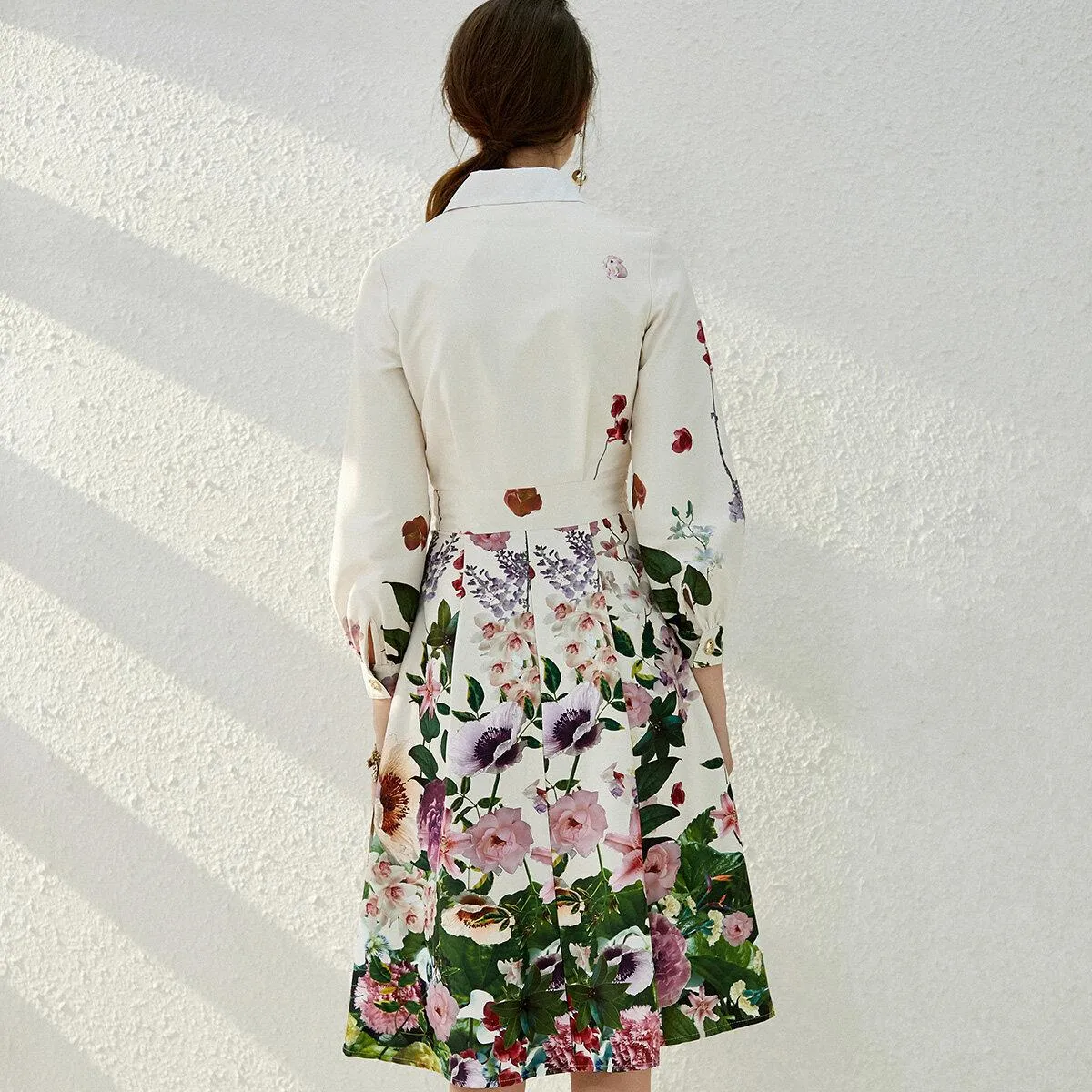 Spring lapel floral printed retro vintage dress - French