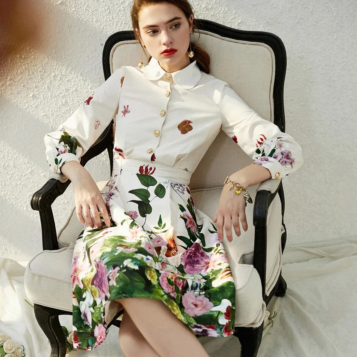 Spring lapel floral printed retro vintage dress - French