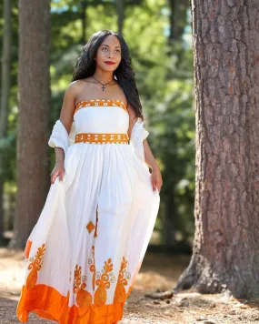 Strapless Orange Traditional Ethiopian Dress: Habesha Dress with Contemporary Designing Modern Habesha Kemis