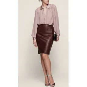 Stretch Panel Brown Leather Body-con Pencil Skirt for Women