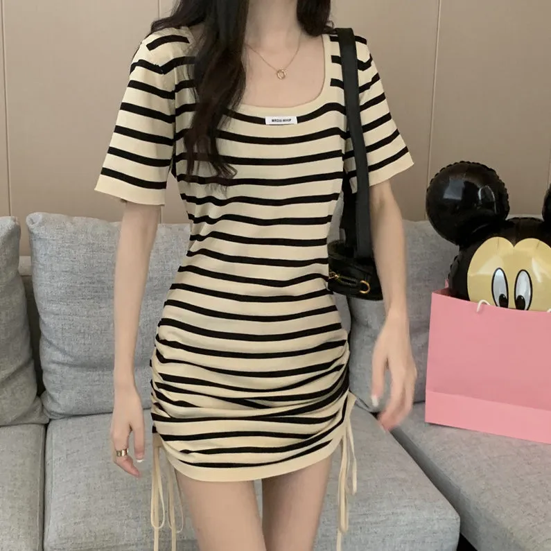 Striped Drawstring Short-Sleeved Square Neck Knitted Dress