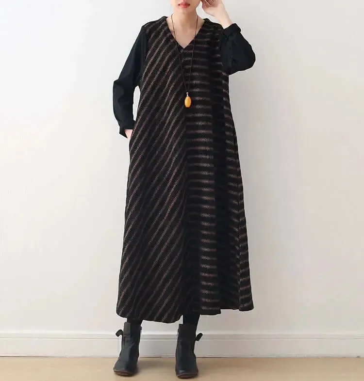 striped dress Wool V-Neck Dress with Chic Stripes for Women