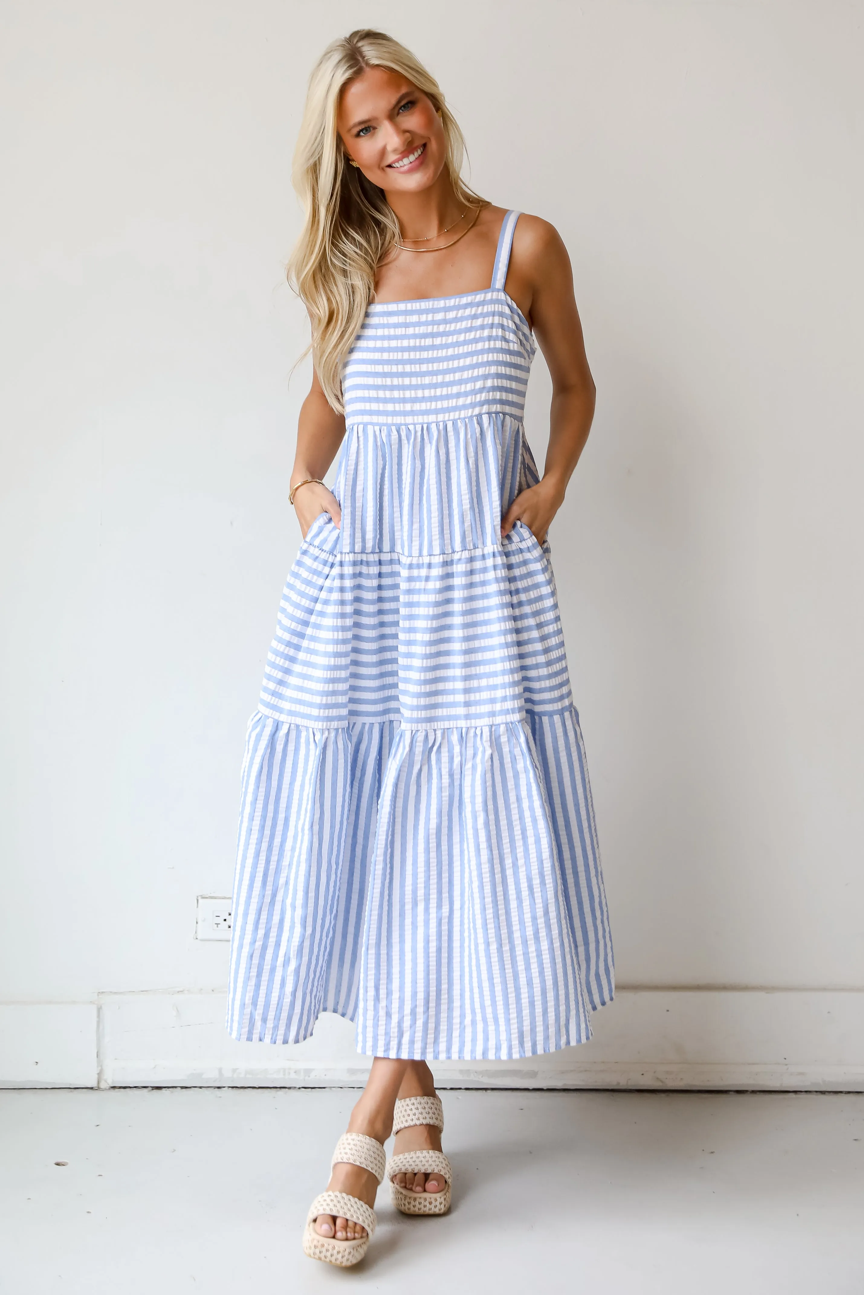 Sunny Aspirations Blue Striped Tiered Maxi Dress